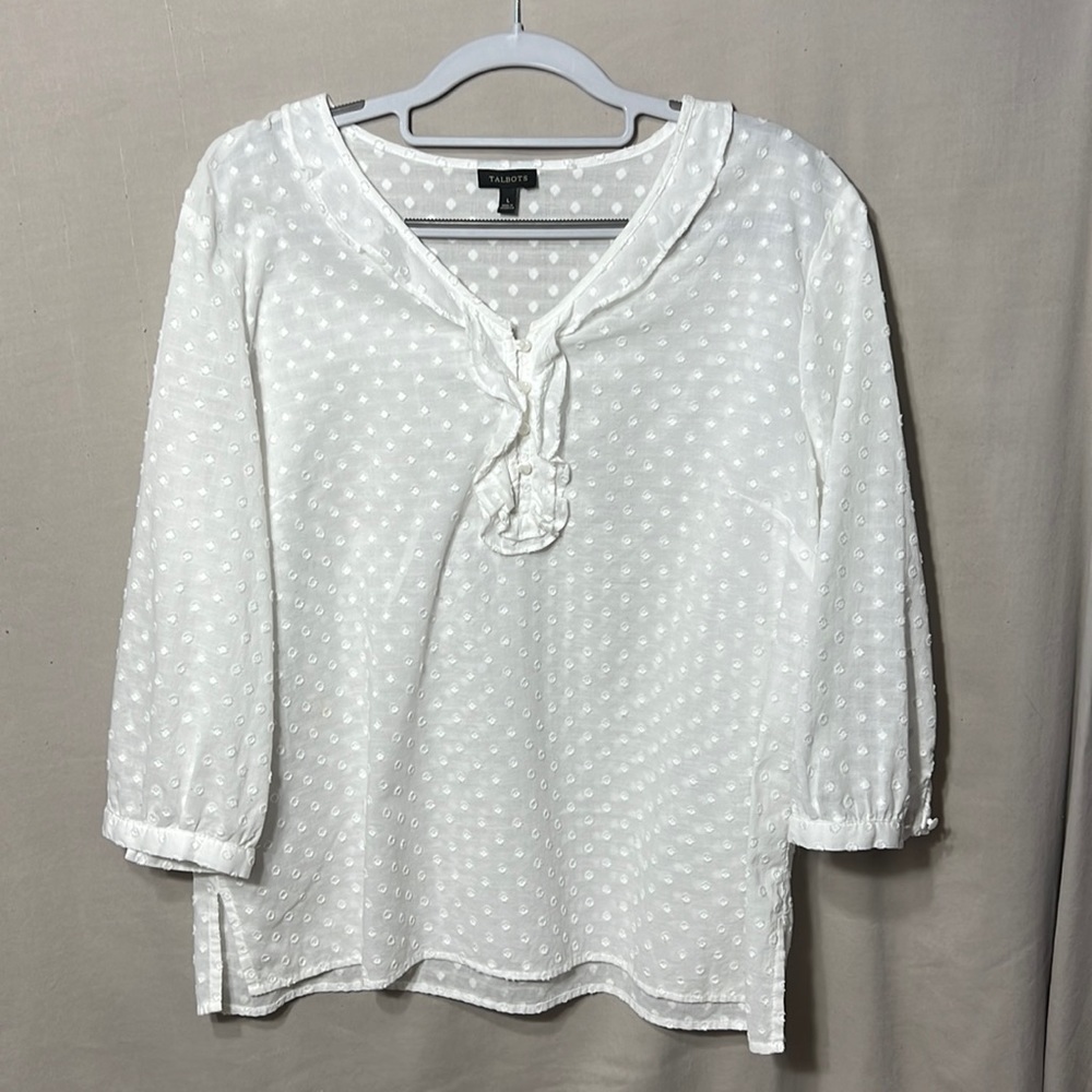 Talbot’s women’s blouse (L), front 4-button-up/ruffles, polka dots, 3/4 sleeves.
